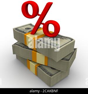 Percentuale. Confezioni di dollari USA legate con nastri su una superficie bianca con un segno rosso di percentuale su di loro. Illustrazione 3D Foto Stock