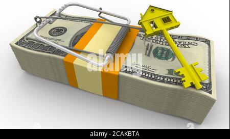 Tenuta trappola. Rischio di ipoteca sulla casa. Mousetrap da pacchetto di dollari USA con esca in forma di chiave d'oro con simbolo di casa. Illustrazione 3D Foto Stock