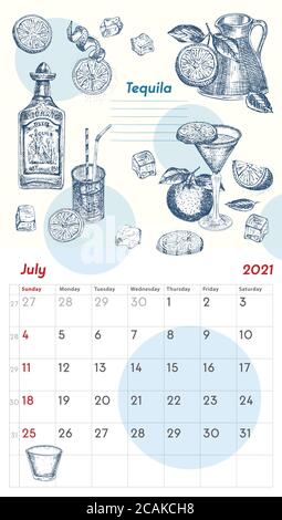 2021 pagina di calendario vintage muro planner. Mese di luglio. La settimana inizia la domenica. Tema bar alcol. Cocktail di tequila biologici retro posto poster a. Illustrazione Vettoriale