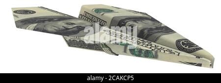 Aereo di carta dal dollaro USA. Aeroplano di carta fatto dal dollaro USA. Illustrazione 3D Foto Stock