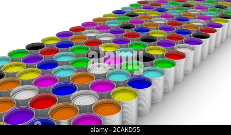 Un sacco di lattine aperte con vernici multicolore. Illustrazione 3D Foto Stock