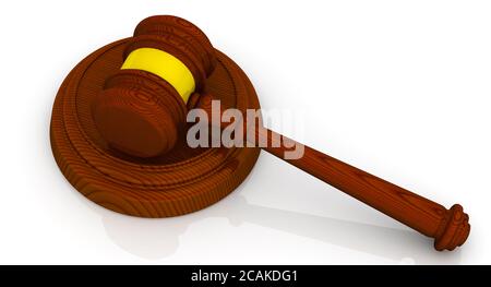 Gavel del giudice. Gavel giudice di legno su superficie bianca. Illustrazione 3D Foto Stock