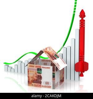 Aumento dei prezzi immobiliari. Grafico di rapida crescita con simbolo di casa fatta di rubli russi fatture e concettuale razzo rosso. Foto Stock