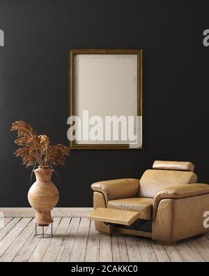 Struttura mock-up in interni di casa oscuri con vecchia poltrona e rami asciutti in vaso, rendering 3d Foto Stock