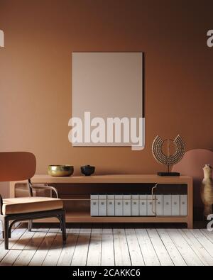 Interni moderni e scuri con commode, sedia e decorazioni in terracotta, rendering 3d Foto Stock