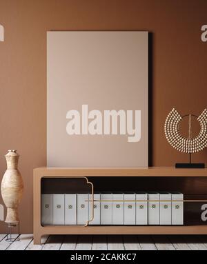 Interni moderni e scuri con commode, sedia e decorazioni in terracotta, rendering 3d Foto Stock