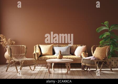 Interni moderni in color terracotta con divano in pelle, poltrone in rattan e fiore, rendering 3d Foto Stock