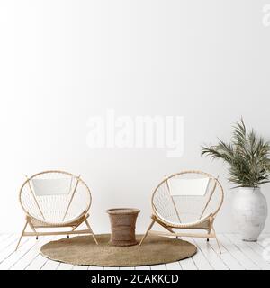 Parete mock up in bianco interno semplice con mobili in legno, stile Scandi-Boho, rendering 3d Foto Stock