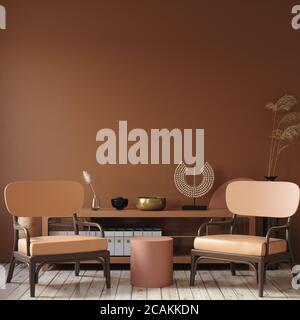 Interni moderni e scuri con commode, sedia e decorazioni in terracotta, rendering 3d Foto Stock