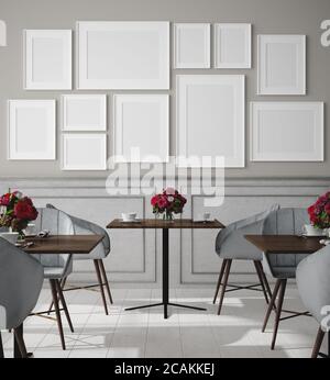 Poster mock up in moderno caffè sfondo interno, rendering 3d Foto Stock