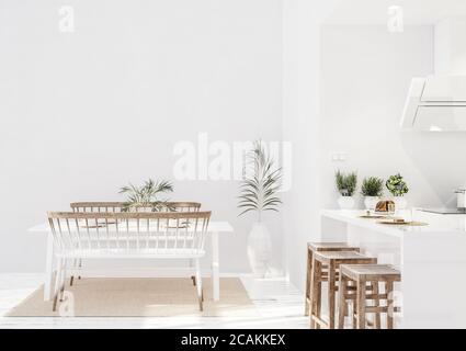 Interni bianchi e moderni, stile scandinavo, rendering 3d Foto Stock