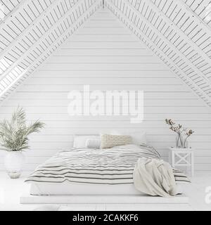 Interno bianco della camera da letto in mansarda, rendering 3d Foto Stock