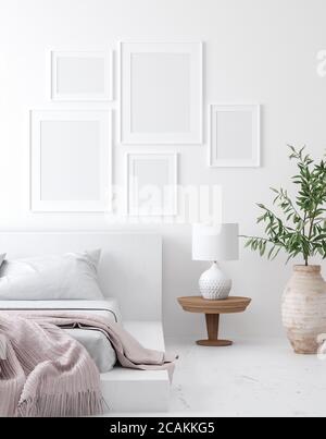 Cornice a baldacchino in bianco accogliente camera da letto, stile scandinavo, rendering 3d Foto Stock