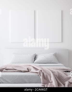 Poster mockup in camera da letto, stile scandinavo, rendering 3d Foto Stock