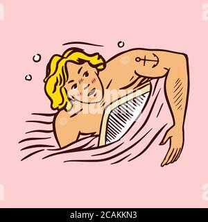 L'uomo nuota. Badge Surf, logo Vintage Surfer. Onda retrospettiva. S emblema inciso disegnato a mano. Banner o poster. Illustrazione Vettoriale