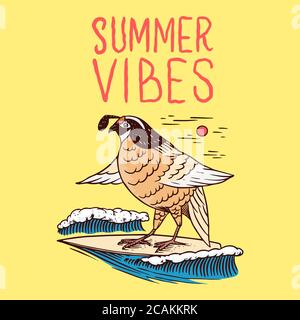 Onda retro e uccello. Badge Surf, logo Vintage Surfer. Estate California. Emblema inciso disegnato a mano. Banner o poster. Illustrazione Vettoriale