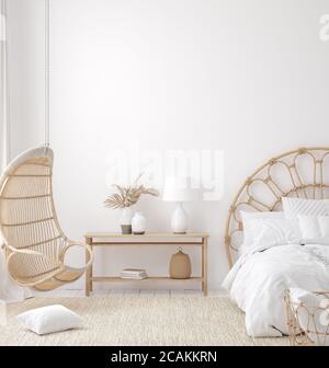 Interno della camera da letto in stile boho costiero, mockup a parete, rendering 3d Foto Stock