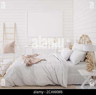 Cornice mockup nello sfondo interno della camera da letto, stile boho costiero, rendering 3d Foto Stock