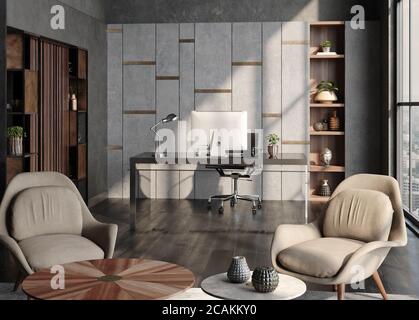 Interni moderni per home Office in loft, stile industriale, rendering 3d Foto Stock