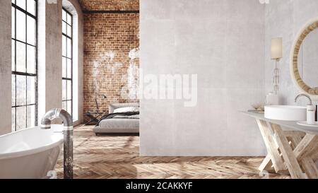 Loft, stile industriale, rendering 3d Foto Stock
