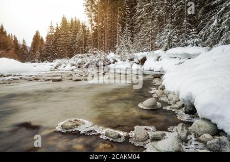 Il sole di mattina splende sul torrente del fiume della foresta in inverno, le rocce sulla riva ricoperte di neve, la lunga esposizione rende l'acqua setosa liscia Foto Stock