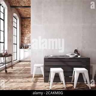 Loft, cucina interna, stile industriale, rendering 3d Foto Stock
