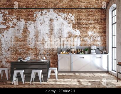 Cucina interno nel soppalco, stile industriale, 3D render Foto Stock