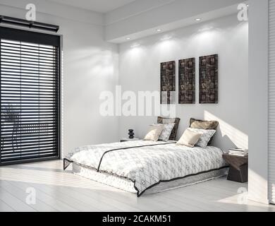 Gli interni della camera da letto, di colore bianco e moderno, sono caratterizzati da un arredamento minimalista e da rendering 3d Foto Stock