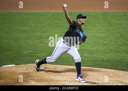 Queens, Stati Uniti. 07 agosto 2020. Miami Marlins lanciatore Humberto Mejia (77) piazzola nella prima innin contro i New York Mets al Citi Field di New York venerdì 7 agosto 2020. Foto di Corey Sipkin/UPI Credit: UPI/Alamy Live News Foto Stock