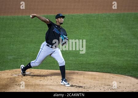 Queens, Stati Uniti. 07 agosto 2020. Miami Marlins lanciatore Humberto Mejia (77) piazzola nel primo assalimento contro i New York Mets al Citi Field di New York venerdì 7 agosto 2020. Foto di Corey Sipkin/UPI Credit: UPI/Alamy Live News Foto Stock