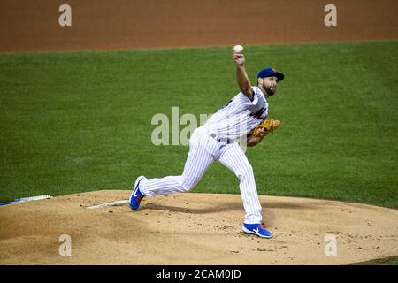 Queens, Stati Uniti. 07 agosto 2020. New York Mets lanciando il lanciatore Michael Wacha (45) piazzola nel primo inning contro i Miami Marlins a Citi Field a New York venerdì 7 agosto 2020. Foto di Corey Sipkin/UPI Credit: UPI/Alamy Live News Foto Stock