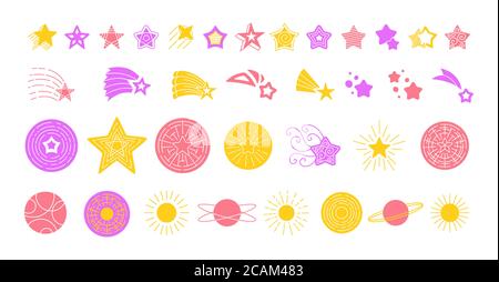 Insieme di icone di Star Doodle. Simboli di stelle piatte disegnate a mano di colore luminoso. Silhouette stellata notte scintilla, brillante burst, caduta glitter burst. Contorno fuoco scintillio, bagliore. Illustrazione vettoriale isolata Illustrazione Vettoriale