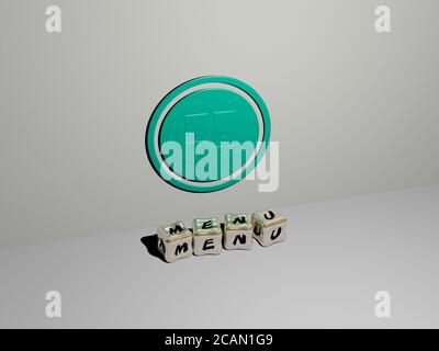 Icona del menu 3D sulla parete e lettere cubiche su Il pavimento - illustrazione 3D per sfondo e design Foto Stock