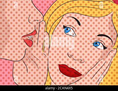 Illustrazione vettoriale di arte pop con due ragazze gossiping. Illustrazione Vettoriale
