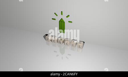 Testo a matita di lettere cubiche sul pavimento e icona 3D sul muro. Illustrazione 3D. Sfondo e disegno Foto Stock
