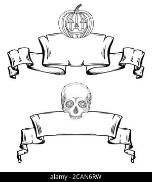 Impostare il contorno dei vecchi rotoli con la lampada Jack e il cranio. Decorazioni per Halloween. Elementi vettoriali per il progetto Illustrazione Vettoriale