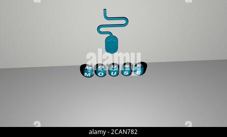 Icona 3D del mouse sulla parete e testo degli alfabeti cubici sul pavimento. Illustrazione 3D. Sfondo e computer Foto Stock