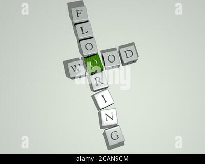 PAVIMENTO IN LEGNO crossword da lettere cubiche di dadi. Illustrazione 3D. Sfondo e legno Foto Stock