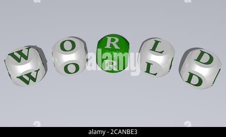 Testo curvo del mondo di lettere cubiche di dadi. Illustrazione 3D. Sfondo e mappa Foto Stock