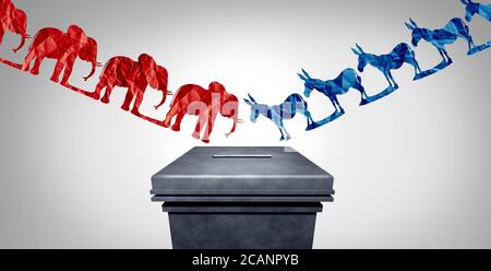 Scelta elettorale americana come repubblicano contro democratico rappresentata da due parti con l'elefante e l'asino simbolo che lottano per il voto. Foto Stock