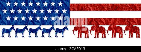 Decisione elettorale americana come repubblicano contro democratico rappresentato dal simbolo dell'elefante e dell'asino che lotta per il voto degli stati Uniti. Foto Stock
