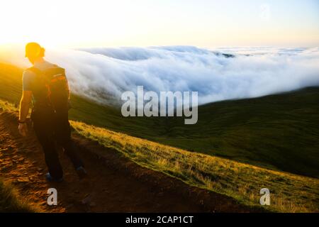 Brecon Beacons, Galles. 8 agosto 2020. Mist si muove su una collina mentre un camminatore si dirige verso la cima di Pen-y-Fan nel Brecon Beacons alla prima luce su quello che si prevede sia il giorno più caldo dell'anno in alcune parti del Regno Unito. La montagna, che è la più alta del sud della Gran Bretagna, attira al mattino numerosi escursionisti che assistono al sole che si alza nel cielo. Credito : Robert Melen/Alamy Live News. Foto Stock