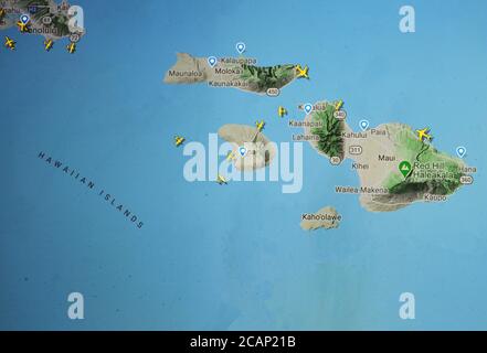 Traffico aereo sulle isole Hawaii, (06 agosto 2020, UTC 18.50) su Internet con il sito Flightradar 24, durante il periodo Pandemico di Coronavirus Foto Stock