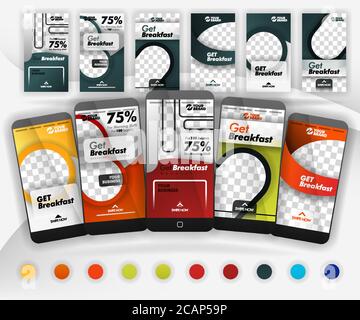 cinque modelli di scorrimento dei social media con oltre 10 colori, tra cui un mockup adatto per gli smartphone per il settore alimentare, la promozione online, il marketing su internet e adv Illustrazione Vettoriale
