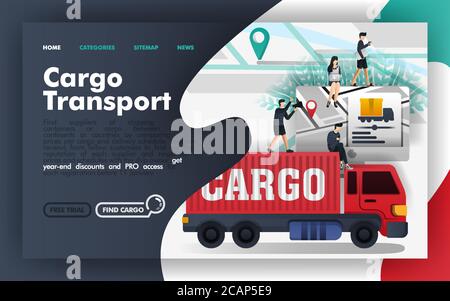 Logistica del trasporto del carico concetto di illustrazione del vettore piano, applicazioni del trasporto del trasporto del trasporto e mappa. Facile da usare per sito web, banner, landing page, brochu Illustrazione Vettoriale