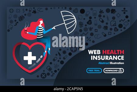 Vettore illustrazione astratta .Banners e manifesti in grigio. Con il titolo di assicurazione sanitaria web. La donna seduta nel cuore grande e tenendo un u Illustrazione Vettoriale