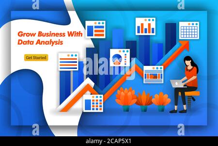 Illustrazione di Grow Business con analisi dei dati. La freccia su indica le vendite e trafic. La contabilità professionale fornisce servizi di contabilità virtuale per Illustrazione Vettoriale