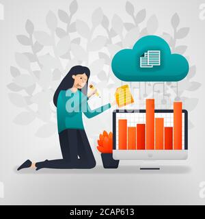 le lavoratrici cambiano i dati dei grafici di vendita dall'archiviazione su cloud. illustrazione vettoriale a cartoni animati piatti Illustrazione Vettoriale