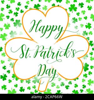 Biglietto di auguri per il giorno di San Patrizio, poster o modello di banner Web con foglia di trifoglio e sfondo delle foglie di shamrock. Illustrazione vettoriale. Illustrazione Vettoriale