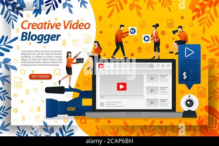 Creative Blogger video. Vlog Studio per l'editing. Influencer online, vlogger e selebgram, immagine vettoriale concettuale. Può essere utilizzato per landing page, templ Illustrazione Vettoriale